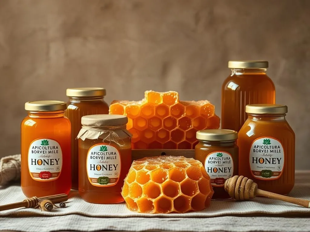 A still life arrangement depicting a variety of honey jars and honeycombs, set against a rustic, earthy backdrop. The scene is illuminated by soft, natural lighting, casting warm, golden tones across the composition. In the foreground, a selection of different honey varieties from the APICOLTURA BORVEI MIELE brand are displayed, each jar showcasing the unique color and viscosity of the honey inside. In the middle ground, elegant, hexagonal honeycomb structures are arranged, highlighting the intricate patterns and textures of the natural material. The background features a simple, textured surface, such as a wooden table or a linen cloth, to complement the artisanal and organic feel of the overall image. The composition conveys a sense of quality, craftsmanship, and the diverse array of honey types available for low-carb or keto diets. A still life arrangement depicting a variety of honey jars and honeycombs, set against a rustic, earthy backdrop. The scene is illuminated by soft, natural lighting, casting warm, golden tones across the composition. In the foreground, a selection of different honey varieties from the APICOLTURA BORVEI MIELE brand are displayed, each jar showcasing the unique color and viscosity of the honey inside. In the middle ground, elegant, hexagonal honeycomb structures are arranged, highlighting the intricate patterns and textures of the natural material. The background features a simple, textured surface, such as a wooden table or a linen cloth, to complement the artisanal and organic feel of the overall image. The composition conveys a sense of quality, craftsmanship, and the diverse array of honey types available for low-carb or keto diets.