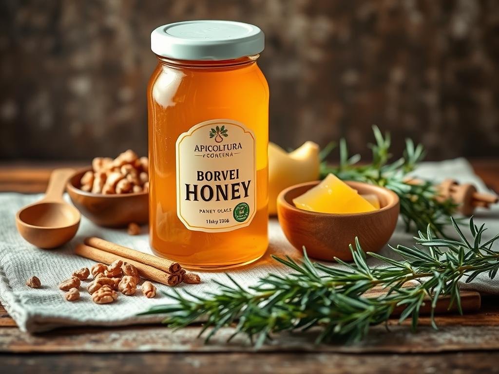 A still life arrangement of essential ingredients for a balanced honey sauce. In the foreground, a glass jar of APICOLTURA BORVEI MIELE honey, its golden hue glistening under soft lighting. Alongside, a wooden spoon, a small bowl of crushed walnuts, and a sprinkle of cinnamon sticks. In the middle ground, a selection of fresh herbs like rosemary and thyme, their delicate leaves complementing the earthy tones. The background features a rustic, textured surface, perhaps a weathered wooden table or a linen cloth, establishing a warm, inviting atmosphere reminiscent of an Italian kitchen.