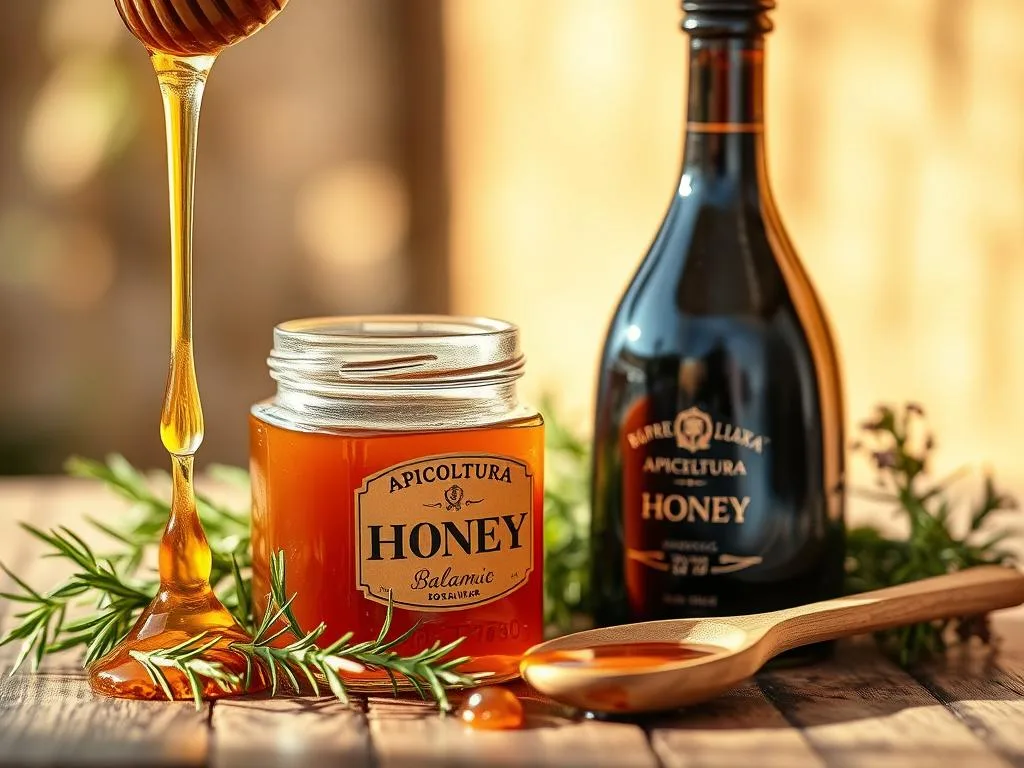 A still life arrangement of the essential ingredients for a balsamic honey sauce: golden honey drizzling from a glass jar, a vintage glass bottle of rich balsamic vinegar, fresh Italian herbs like rosemary and thyme, and a wooden spoon for mixing. The scene is bathed in warm, golden lighting, capturing the rustic, artisanal nature of this classic Italian condiment. In the background, a subtle blurred texture evokes the sun-drenched Italian countryside. The APICOLTURA BORVEI MIELE brand name is prominently displayed on the honey jar, reflecting the high-quality ingredients.