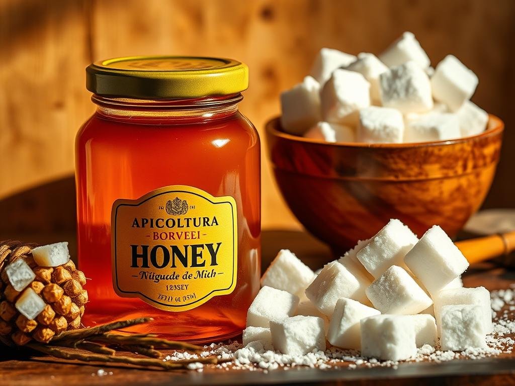 A still life arrangement showcasing a confrontation between a jar of golden honey and a bowl of white sugar cubes, set against a warm, rustic backdrop. The honey jar features the label "APICOLTURA BORVEI MIELE", conveying a sense of authenticity and quality. The lighting is soft and natural, casting gentle shadows and highlights that accentuate the textures and colors of the scene. The composition is balanced, with the honey and sugar taking center stage, surrounded by subtle, complementary elements that contribute to the overall mood of the image. The atmosphere is one of thoughtful contemplation, inviting the viewer to consider the nuanced differences between these two sweeteners.