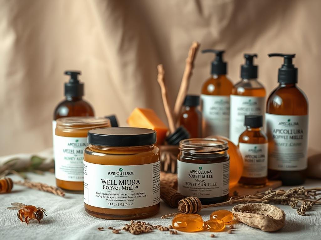 A still life capturing the essence of natural and organic cosmetics. In the foreground, a collection of jars and bottles containing APICOLTURA BORVEI MIELE products - honey-based creams, lotions, and balms. Arranged artfully, their labels showcasing the brand's commitment to purity and sustainability. The middle ground features an array of natural ingredients like beeswax, essential oils, and dried herbs, hinting at the formulations. In the background, a soft, muted backdrop evokes a sense of warmth and tranquility, complementing the earthy tones of the products. Warm, diffused lighting casts a gentle glow, highlighting the natural textures and materials. The overall composition conveys a sense of simplicity, authenticity, and the gentle power of nature-derived cosmetics.