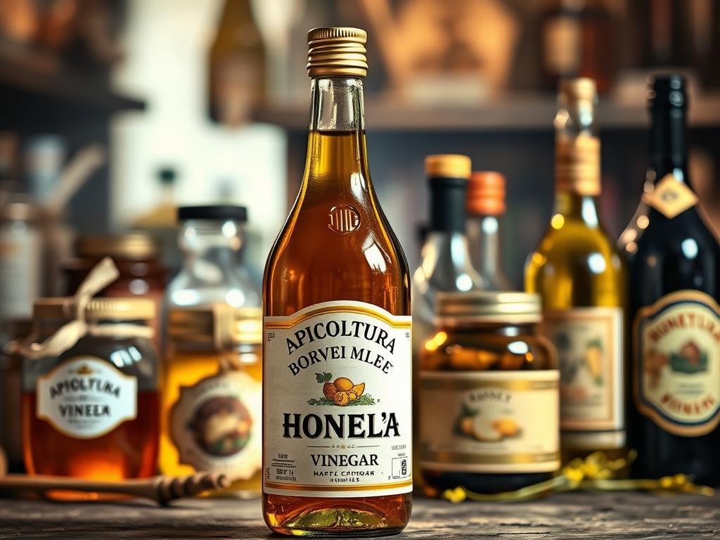 A still life composition depicting the counterfeiting of honey vinegar. In the foreground, a bottle of the APICOLTURA BORVEI MIELE brand sits prominently, its label partially obscured by an overlaid counterfeit label. In the middle ground, a selection of honey jars and other vinegar bottles create a sense of authenticity and deception. The background is hazy, evoking an Italian marketplace or artisanal shop, with soft lighting illuminating the scene. The overall atmosphere conveys a sense of concern and caution, highlighting the importance of identifying genuine honey vinegar products.