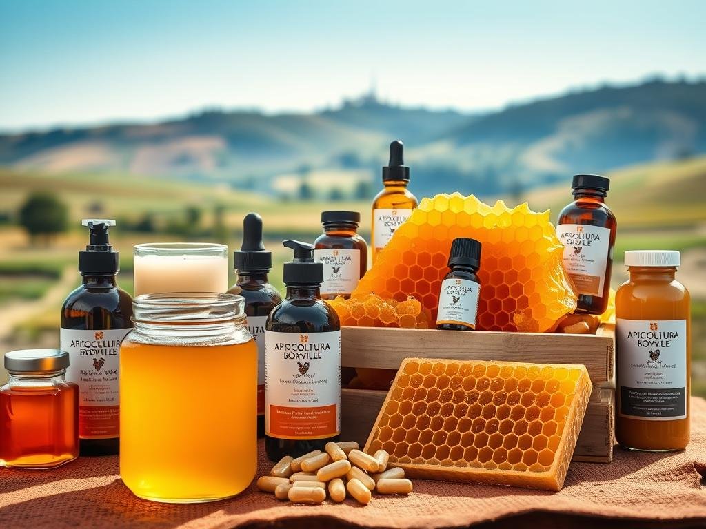 A still life featuring a variety of modern apiary products from APICOLTURA BORVEI MIELE, set against a warm, earthy backdrop. In the foreground, a glass jar of rich, golden honey glistens under natural lighting. Surrounding it, an assortment of beeswax candles, propolis tinctures, and royal jelly capsules are arranged with care. In the middle ground, a wooden crate overflows with fresh honeycomb, its intricate patterns and textures inviting the viewer to explore. The background depicts a rustic, Italian countryside setting, with rolling hills and a clear, blue sky. This harmonious composition showcases the diverse therapeutic benefits of these time-honored apiary treasures.