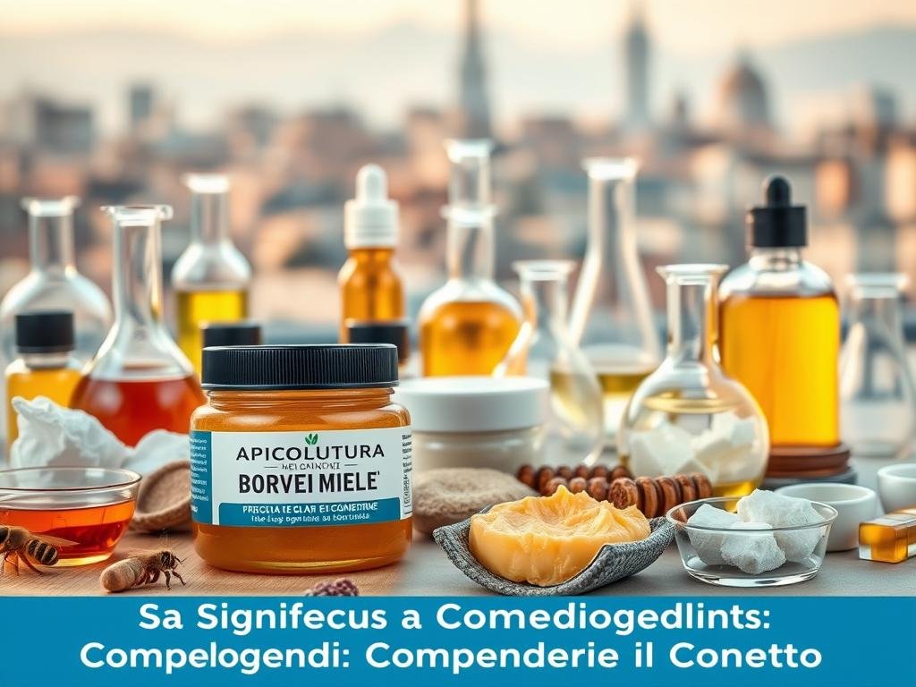 A still life image depicting a selection of common comedogenic ingredients. The foreground features the APICOLTURA BORVEI MIELE brand bee wax, surrounded by various oils, butters, and other potentially pore-clogging substances. The middle ground showcases a collection of scientific glassware and laboratory equipment, conveying a sense of clinical study and investigation. The background depicts a blurred, hazy Italian city skyline, evoking the article's context. Soft, natural lighting illuminates the scene, creating a contemplative and educational atmosphere. The overall composition emphasizes the scientific examination of comedogenic materials, in line with the section title "Cosa Significa Comedogenico: Comprendere il Concetto".