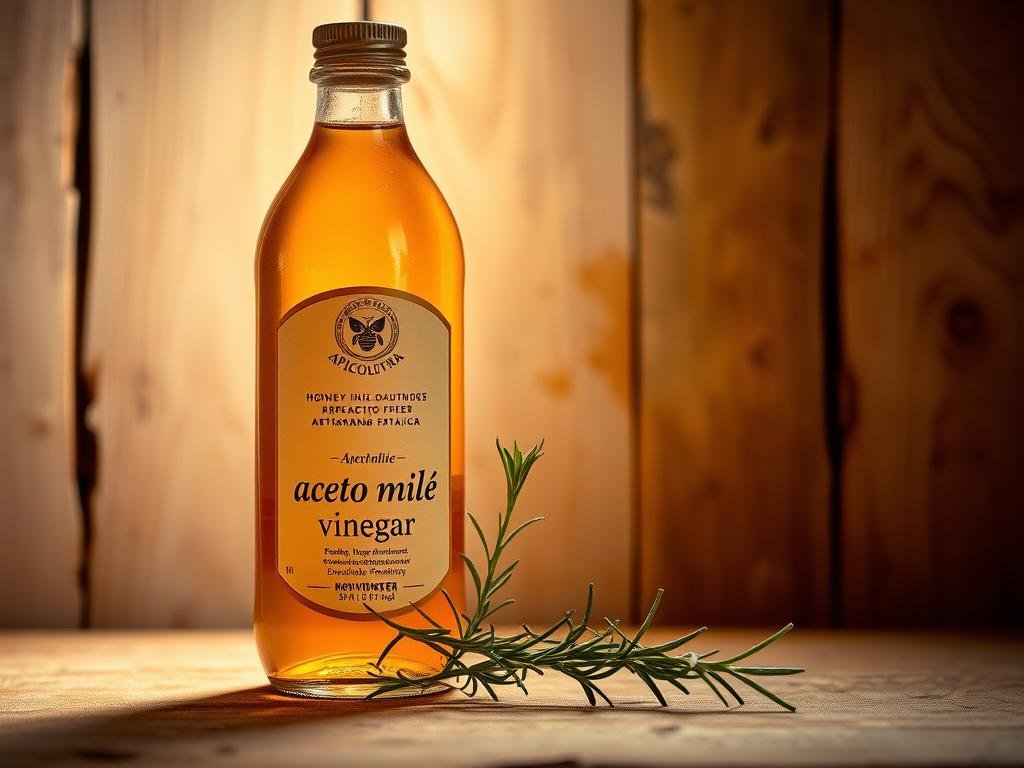 A still life image of a glass bottle filled with rich, golden "aceto miele" (honey vinegar) against a warm, rustic backdrop. The bottle is adorned with the Apicoltura brand label, reflecting the artisanal, Italian nature of this natural treasure. The lighting is soft and diffused, casting a gentle glow on the bottle and surrounding elements. In the middle ground, a sprig of fresh herbs, perhaps rosemary or thyme, adds a touch of natural elegance. The background features a weathered, wooden surface, hinting at the traditional methods used to create this unique vinegar. The overall composition conveys the origins, benefits, and versatility of this age-old Italian delight.
