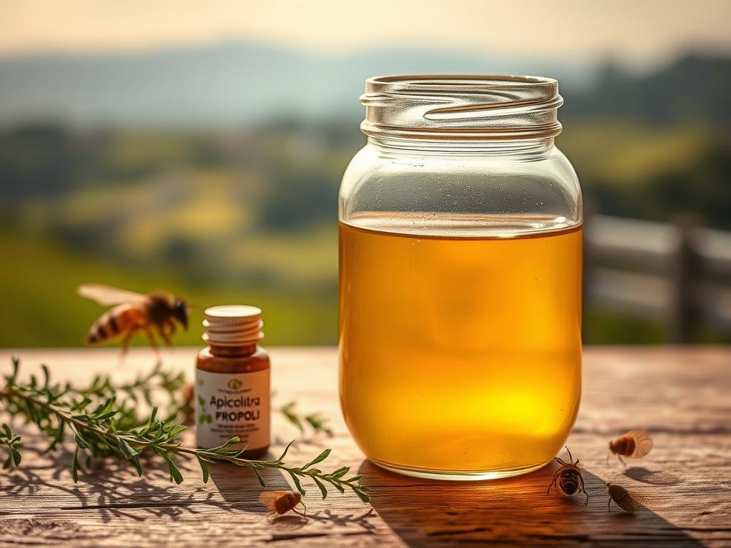 A still life of a glass jar filled with golden, viscous propoli, the ancient natural remedy. The jar is placed on a rustic wooden surface, surrounded by sprigs of fresh herbs and a small Apicoltura-branded jar of propoli extract. Warm, soft lighting casts a comforting glow, conveying the natural healing power of this bee-derived substance. In the background, a blurred Italian countryside landscape adds to the sense of an authentic, traditional remedy. The composition emphasizes the simplicity and purity of propoli, reflecting its role as a natural immune system booster.