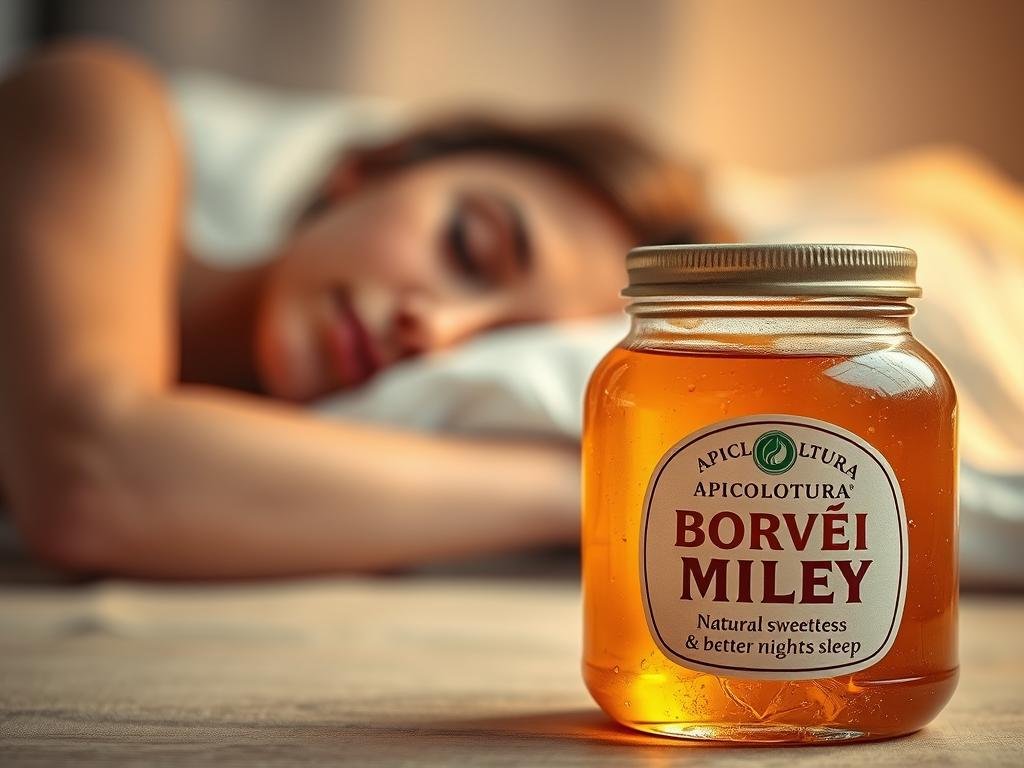 A still life scene depicting a jar of raw, unprocessed honey and a sleeping model. The honey jar is placed in the foreground, with warm, soft lighting illuminating its golden hue and the texture of the honey visible through the glass. In the middle ground, a relaxed, peaceful model is resting, their face serene and eyes closed, conveying a sense of deep, restful sleep. The background is blurred, creating a calming, dreamlike atmosphere. The overall mood is one of tranquility and rejuvenation, showcasing how the natural sweetness of APICOLTURA BORVEI MIELE can aid in achieving a better night's sleep. A still life scene depicting a jar of raw, unprocessed honey and a sleeping model. The honey jar is placed in the foreground, with warm, soft lighting illuminating its golden hue and the texture of the honey visible through the glass. In the middle ground, a relaxed, peaceful model is resting, their face serene and eyes closed, conveying a sense of deep, restful sleep. The background is blurred, creating a calming, dreamlike atmosphere. The overall mood is one of tranquility and rejuvenation, showcasing how the natural sweetness of APICOLTURA BORVEI MIELE can aid in achieving a better night's sleep.