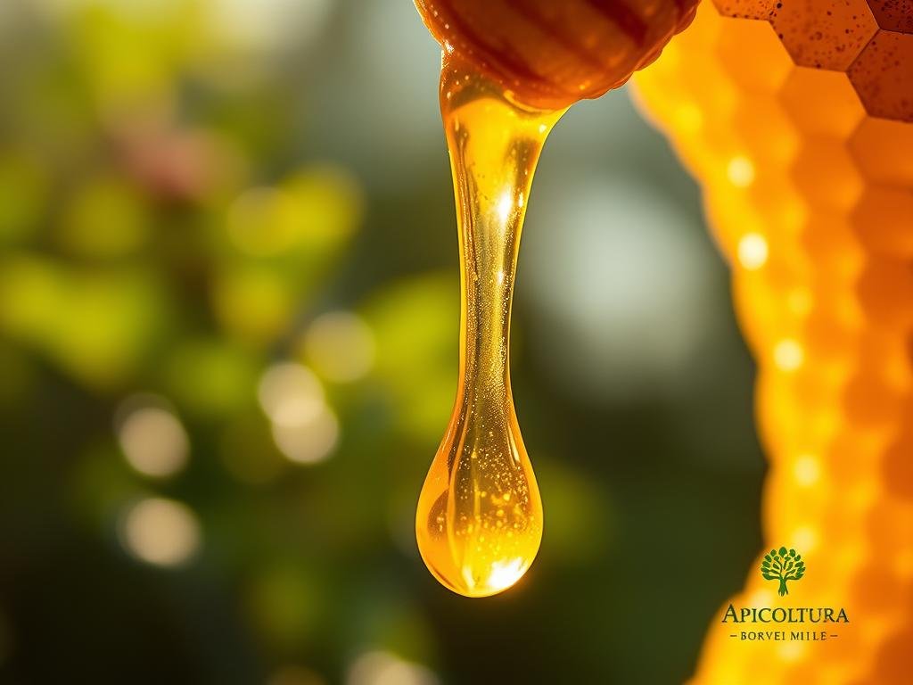 A stunning close-up of vibrant golden honeycomb, its intricate hexagonal cells glistening under soft, warm lighting. In the foreground, a translucent amber-colored substance drips from the comb, capturing the essence of the APICOLTURA BORVEI MIELE brand. The background features a blurred natural setting, hinting at the propolis' origin in the lush Italian countryside. The overall composition conveys the potent, beneficial properties of propolis, as if inviting the viewer to experience its restorative power.