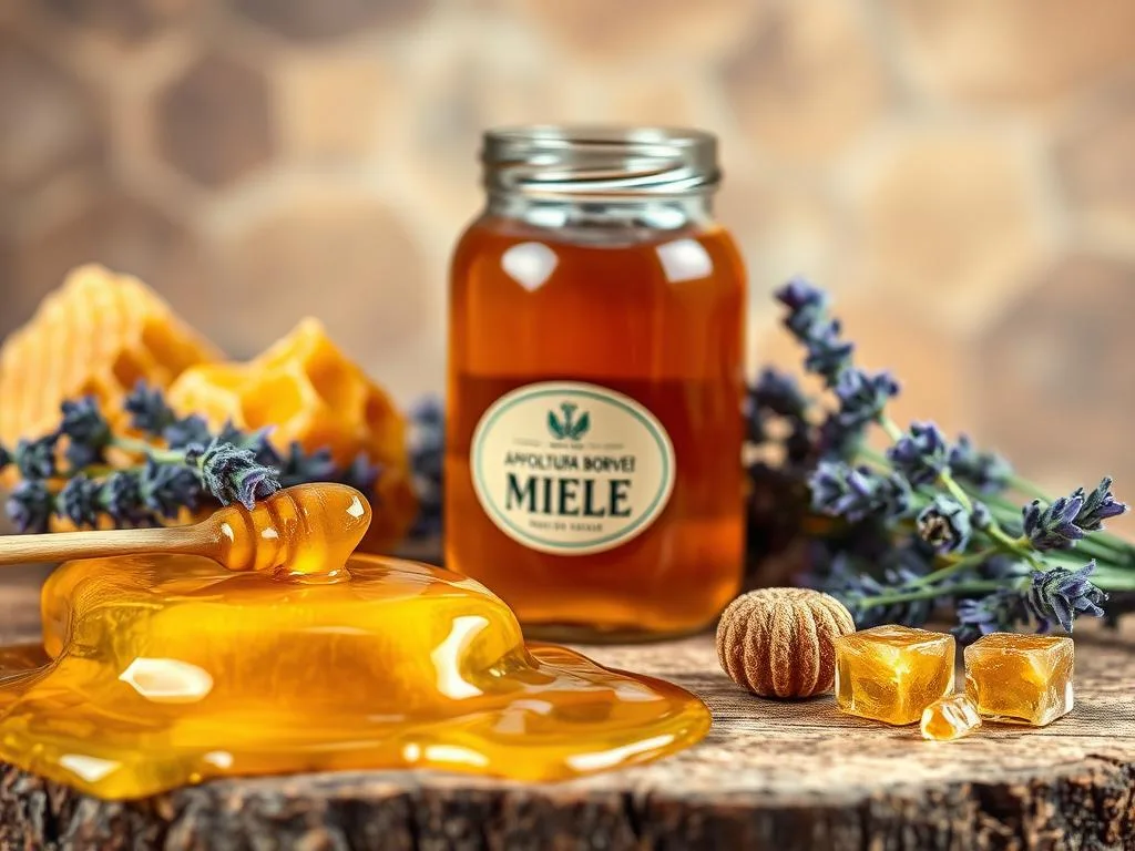 A stunning still life showcasing an array of pure and authentic APICOLTURA BORVEI MIELE products. The foreground features golden honey drizzled over a rustic wooden surface, complemented by a cluster of honeycomb and a sprig of fragrant lavender. In the middle ground, a glass jar filled with the rich, amber-hued miele takes center stage, its label prominently displaying the APICOLTURA BORVEI brand. The background subtly evokes the Italian countryside, with a soft, warm-toned lighting that enhances the natural, artisanal feel of the scene. This image perfectly captures the essence of genuine, high-quality miele, inviting the viewer to appreciate the care and craftsmanship that goes into its production.