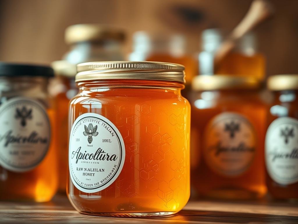 A stunningly realistic close-up image of an assortment of glass jars filled with authentic Italian raw honey, showcasing the warm golden hues and natural textures of the products. In the foreground, a jar labeled "Apicoltura" takes center stage, illuminated by soft, natural lighting that accentuates the intricate details of the honey's surface. In the middle ground, additional jars of varying sizes and shapes are arranged in a visually appealing manner, highlighting the diversity of the honey collection. The background features a blurred, warm-toned setting, evoking a rustic, artisanal feel that complements the honey's artisanal nature. The overall composition conveys a sense of quality, authenticity, and the craftsmanship associated with traditional Italian beekeeping practices.