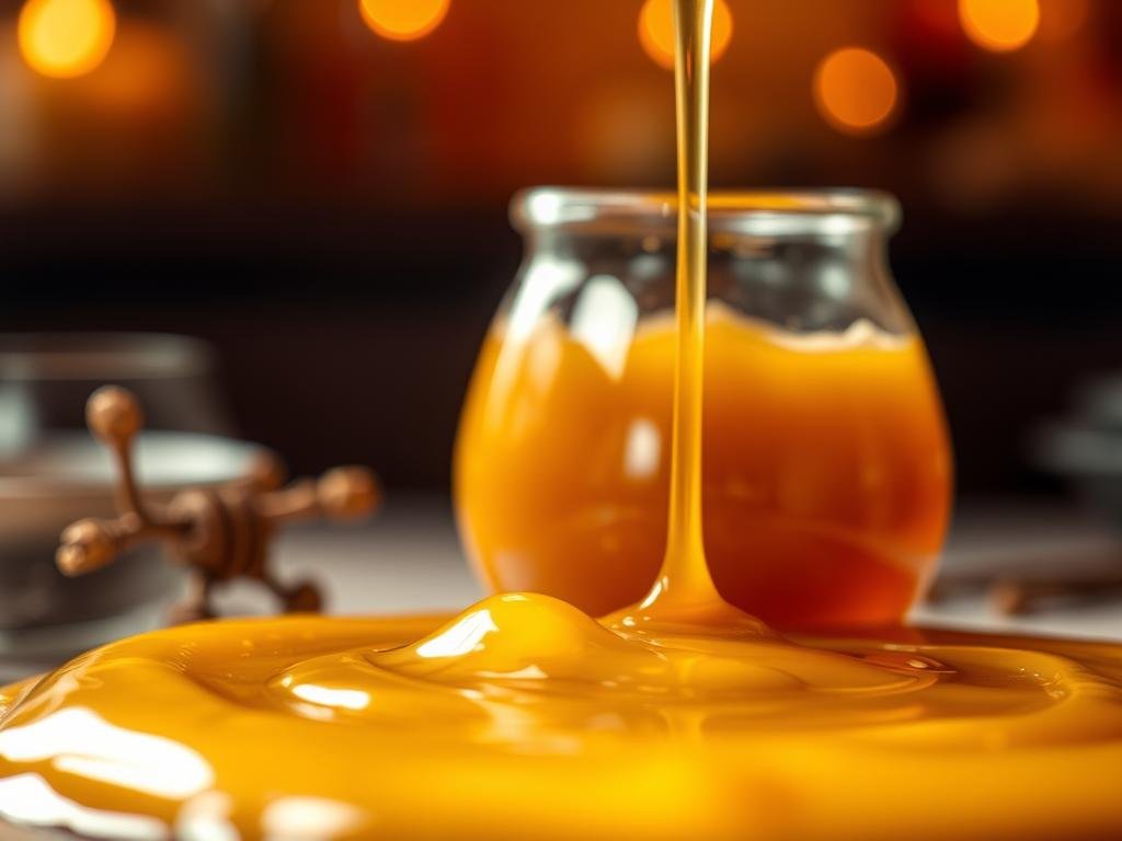 A sumptuous and decadent sauce made with the rich, golden APICOLTURA BORVEI MIELE, complemented by the aromatic and intoxicating notes of liqueurs. The foreground showcases the smooth, glossy texture of the sauce, while the middle ground features a glass vessel brimming with the tempting mixture. In the background, a warm, cozy atmosphere evokes the comforting flavors of a homemade dessert. Soft, diffused lighting casts a gentle glow, highlighting the vibrant colors and reflecting the depth of the liquor-infused honey blend. This enchanting image captures the essence of indulgence, inviting the viewer to savor the delectable harmony of miele and liquori.