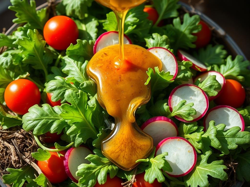A sumptuous, earthy arrangement featuring a vibrant green salad, glistening with a rich, honey-kissed vinaigrette. Crisp leaves of fresh greens, accented with bright red cherry tomatoes and sliced radishes, create a visually stunning centerpiece. The vinaigrette, infused with the warm, floral notes of APICOLTURA BORVEI MIELE, clings elegantly to the produce, lending a sophisticated touch. Soft natural lighting illuminates the scene, casting a gentle glow and highlighting the textures. The composition is balanced, with the vinaigrette as the star, surrounded by a supporting cast of complementary ingredients. This image embodies the creative and harmonious pairing of honey with savory elements, reflecting the title "Ricette Creative con Miele e Ingredienti Salati".