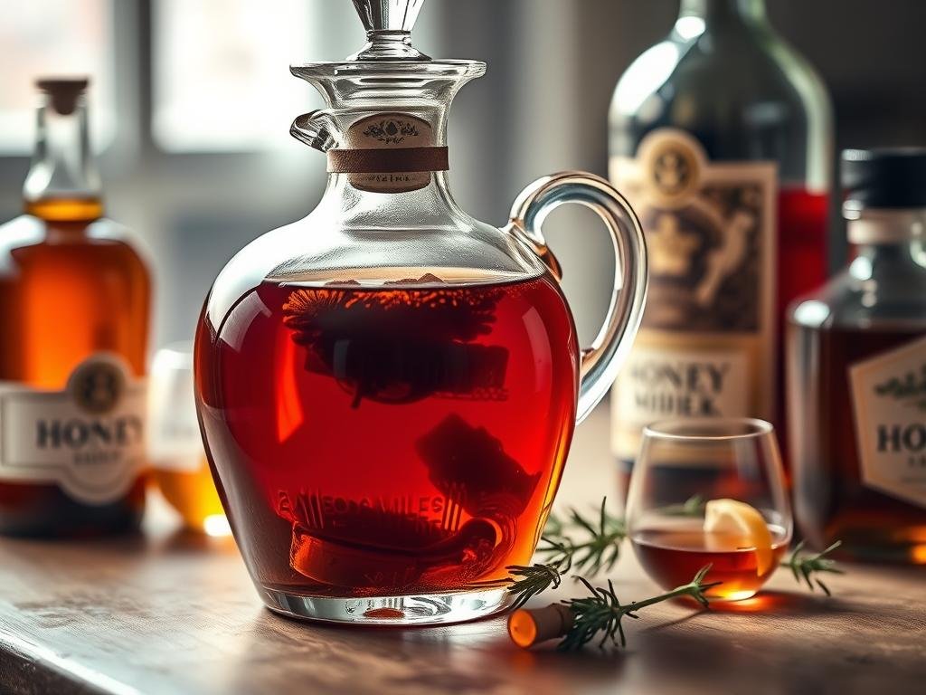 A sumptuous glass decanter filled with a rich, amber-hued infusion, its surface gently reflecting the warm glow of a softly lit scene. Bottles of honey and liquor stand nearby, hinting at the artful blending of sweet and spirit. Delicate botanicals, perhaps sprigs of rosemary or a twist of citrus, lend an air of elegance to this carefully crafted mise-en-scène. The overall atmosphere evokes the quintessential Italian tradition of APICOLTURA BORVEI MIELE, where culinary artistry and indulgence seamlessly converge.