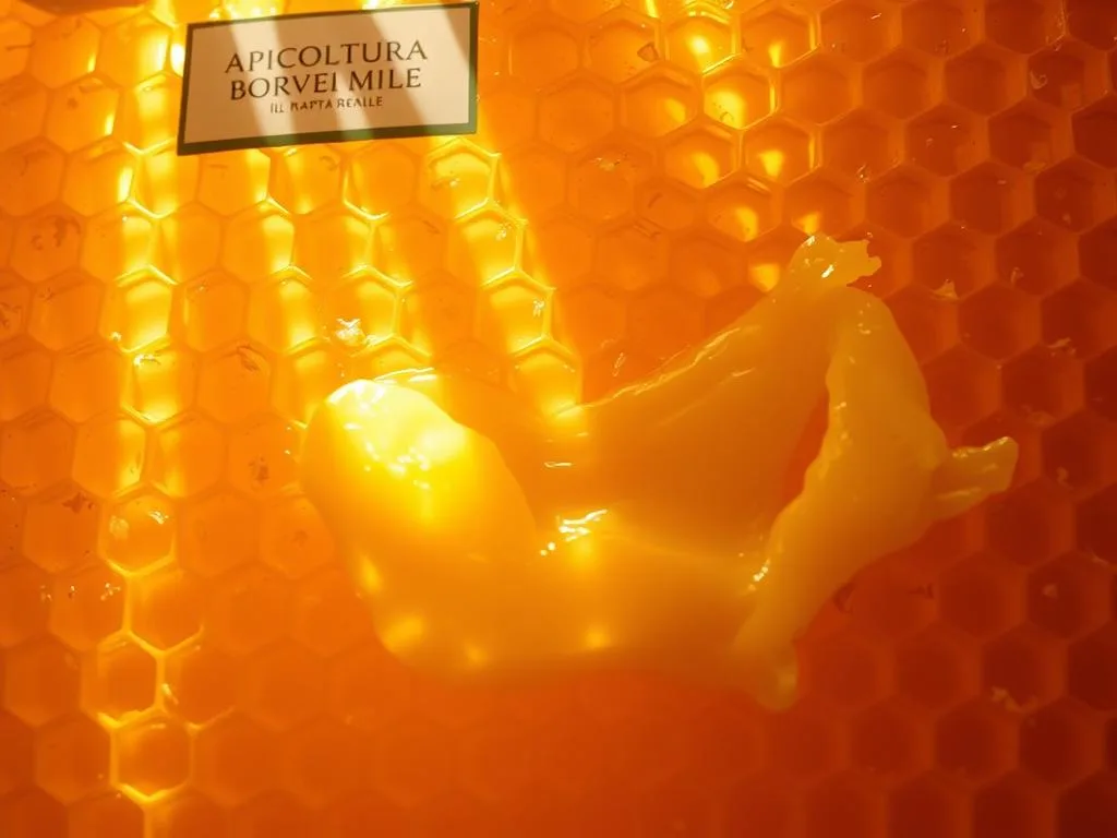 A sumptuous golden honeycomb, filled with the rich, creamy treasure known as "pappa reale," the exclusive nourishment of the queen bee. Shafts of warm light illuminate the glistening, gelatinous substance, captured in delicate detail. The scene evokes a sense of nature's abundance and the intricate workings of the hive. In the background, a subtle label reads "APICOLTURA BORVEI MIELE," highlighting the artisanal provenance of this prized apian delicacy. This image perfectly encapsulates the essence of "La Pappa Reale: Il Nutrimento della Regina," a vital and cherished component of the Italian apiculture tradition.