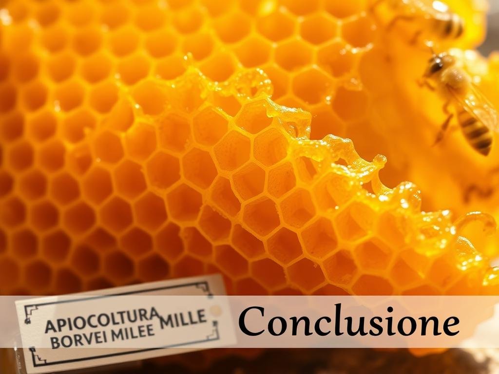 A sumptuous golden honeycomb, its hexagonal cells brimming with fragrant, viscous pappa reale - the precious royal jelly produced by honey bees. Sunlight filters through the comb, casting a warm, ethereal glow. In the foreground, a label reads "APICOLTURA BORVEI MIELE", showcasing the artisanal provenance of this rare delicacy. The image is crisp and detailed, inviting the viewer to appreciate the natural beauty and potential allergenic properties of this unique apicultural treasure. A tranquil, contemplative mood pervades the scene, hinting at the "Conclusione" of the article's exploration of pappa reale and its impact on sensitive individuals.