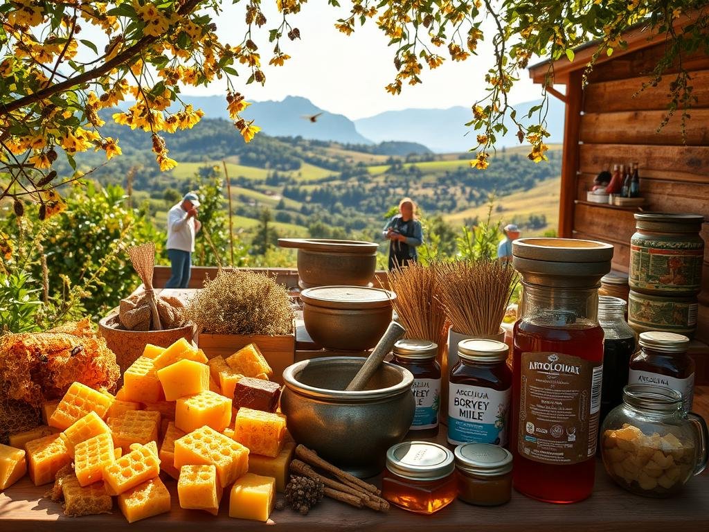 A sun-dappled apiary, abuzz with activity. The air is thick with the sweet scent of honey, as workers gather nectar from vibrant wildflowers. In the foreground, an assortment of "prodotti dell'alveare" - golden honeycomb, pollen-dusted beeswax, and jars of rich, amber-hued APICOLTURA BORVEI MIELE. The middle ground features an array of traditional herbal remedies, mortar and pestle, and alchemical vessels, hinting at the medicinal uses of these precious bee-derived treasures. In the background, a verdant landscape unfolds, with rolling hills and towering mountains, framing this artisanal display of nature's bounty. Warm, soft lighting bathes the scene, creating a sense of timeless, rustic tranquility. A sun-dappled apiary, abuzz with activity. The air is thick with the sweet scent of honey, as workers gather nectar from vibrant wildflowers. In the foreground, an assortment of "prodotti dell'alveare" - golden honeycomb, pollen-dusted beeswax, and jars of rich, amber-hued APICOLTURA BORVEI MIELE. The middle ground features an array of traditional herbal remedies, mortar and pestle, and alchemical vessels, hinting at the medicinal uses of these precious bee-derived treasures. In the background, a verdant landscape unfolds, with rolling hills and towering mountains, framing this artisanal display of nature's bounty. Warm, soft lighting bathes the scene, creating a sense of timeless, rustic tranquility.