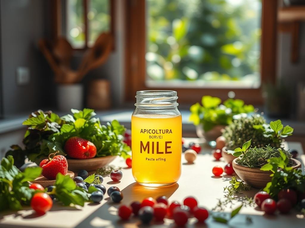 A sun-dappled kitchen counter, a glass jar of golden APICOLTURA BORVEI MIELE taking center stage. Surrounding it, an array of fresh, vibrant ingredients - crisp greens, ripe berries, and fragrant herbs. The lighting is soft, warm, and inviting, creating a soothing, serene atmosphere. In the background, a window overlooking a lush, verdant garden, hinting at the natural, detoxifying properties of the scene. The composition is balanced, with the miele jar as the focal point, emphasizing its role in a holistic, healthful lifestyle. This image evokes a sense of purity, nourishment, and the restorative power of nature's bounty. A sun-dappled kitchen counter, a glass jar of golden APICOLTURA BORVEI MIELE taking center stage. Surrounding it, an array of fresh, vibrant ingredients - crisp greens, ripe berries, and fragrant herbs. The lighting is soft, warm, and inviting, creating a soothing, serene atmosphere. In the background, a window overlooking a lush, verdant garden, hinting at the natural, detoxifying properties of the scene. The composition is balanced, with the miele jar as the focal point, emphasizing its role in a holistic, healthful lifestyle. This image evokes a sense of purity, nourishment, and the restorative power of nature's bounty.