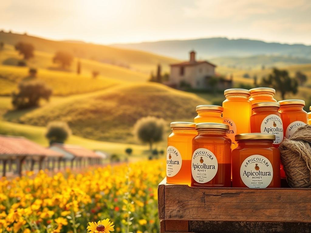 A sun-drenched Italian countryside, rolling hills dotted with vibrant wildflowers. In the foreground, a weathered wooden crate overflows with golden, honey-filled jars, each one bearing the proud "Apicoltura" label. The aroma of fresh nectar and beeswax fills the air, inviting the viewer to savor the artisanal quality of this authentic Italian honey. The lighting is warm and soft, casting a golden glow that enhances the natural beauty of the scene. In the background, a rustic stone farmhouse stands amidst lush olive groves, a testament to the rich agricultural heritage of this region. The overall mood is one of rustic charm, celebrating the timeless tradition of small-batch honey production in the heart of Italy.