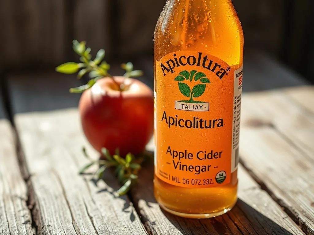 A sun-drenched bottle of "Apicoltura" apple cider vinegar, its amber hue glistening on a rustic wooden surface. Droplets of dew cling to the glass, reflecting the warm, natural light flooding the scene. In the background, a sprig of fresh herbs and a few whole apples hint at the simple, wholesome ingredients that make up this powerful natural elixir. The composition is balanced and inviting, conveying the pure, artisanal quality of this authentic Italian product. The overall mood is one of tranquility and wellness, echoing the restorative benefits of this versatile, time-honored ingredient.