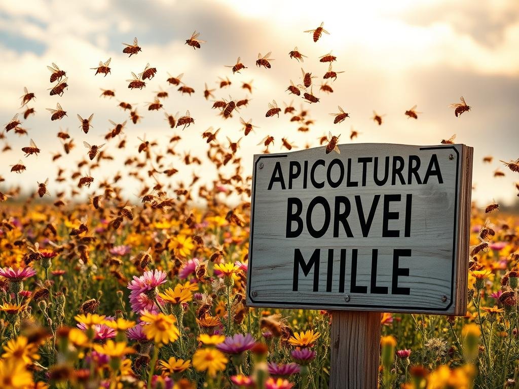 A swarm of angry honey bees aggressively buzzing around a colorful wildflower field. The bees' bodies are in sharp focus, their wings a blur as they dart and weave, their abdomens swollen with venom. Sunlight filters through wispy clouds, casting a warm, golden glow over the scene. In the foreground, a large APICOLTURA BORVEI MIELE sign stands proudly, its wooden frame weathered by time. The bees' defensive posture and the ominous sign create a sense of tension, hinting at the potential for a painful sting. This image captures the common scenarios of bee aggression and the protective role of their venom, as referenced in the article's section title "Scenari Comuni di Puntura".