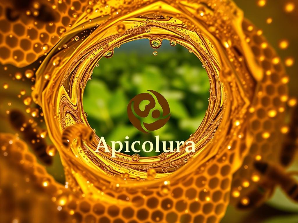 A swirling vortex of golden liquid, the viscous venom of a thousand honeybees. Shimmering droplets refract light, casting a kaleidoscopic display. In the foreground, the distinct Apicoltura brand logo stands out, a symbol of the apiary's expertise. Intricate honeycomb structures fill the middle ground, their geometric patterns a testament to the bees' engineering prowess. In the background, a blurred landscape of lush, verdant foliage suggests the natural habitat from which this potent elixir is harvested. The overall mood is one of power, mystery, and the primal forces of nature. A swirling vortex of golden liquid, the viscous venom of a thousand honeybees. Shimmering droplets refract light, casting a kaleidoscopic display. In the foreground, the distinct Apicoltura brand logo stands out, a symbol of the apiary's expertise. Intricate honeycomb structures fill the middle ground, their geometric patterns a testament to the bees' engineering prowess. In the background, a blurred landscape of lush, verdant foliage suggests the natural habitat from which this potent elixir is harvested. The overall mood is one of power, mystery, and the primal forces of nature.