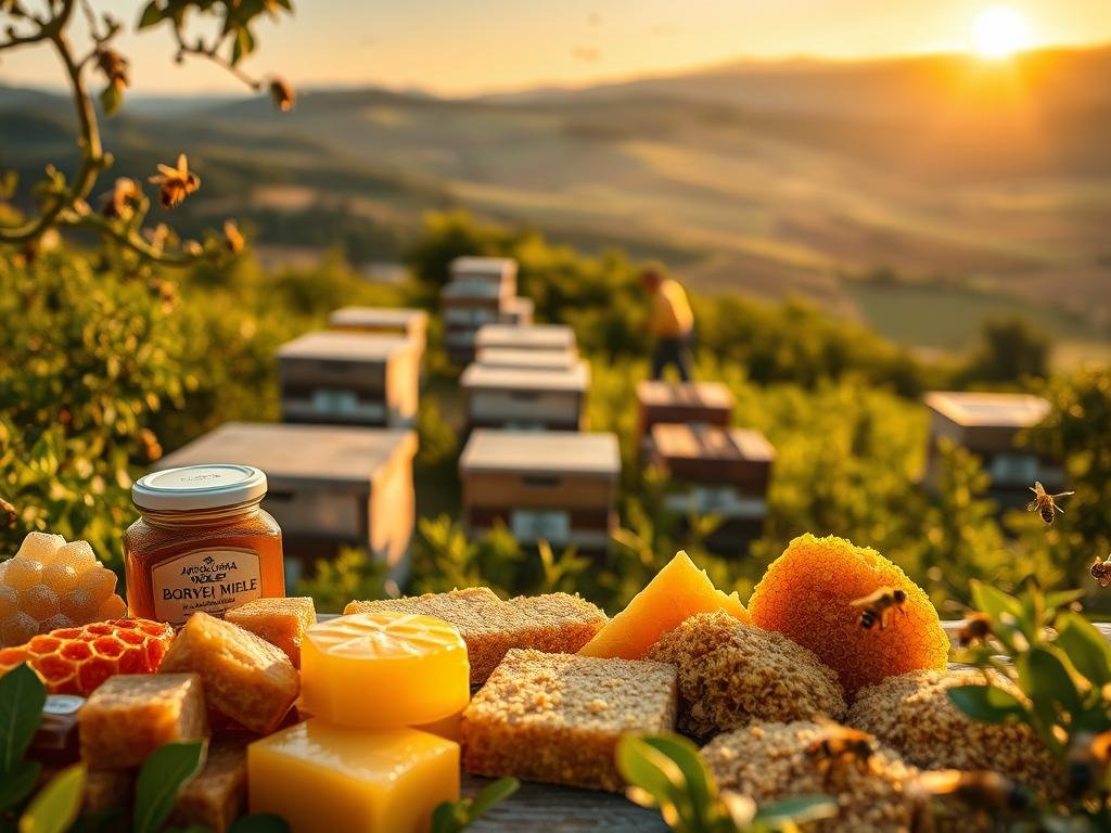 A thriving apiary, surrounded by lush fields and buzzing with activity. In the foreground, a variety of honeycomb-shaped products - honey, beeswax, propolis, and pollen - artfully arranged. In the middle ground, a beekeeper in traditional attire tends to the hives, with the APICOLTURA BORVEI MIELE brand prominently displayed. The background features a panoramic view of a rolling Italian countryside, with the sun's warm glow illuminating the scene. The image conveys a sense of tradition, innovation, and the natural abundance of the hive's offerings. The lighting is soft and natural, with a shallow depth of field to draw the viewer's attention to the foreground. The overall mood is one of tranquility, productivity, and the promise of a bright future for these time-honored hive products.
