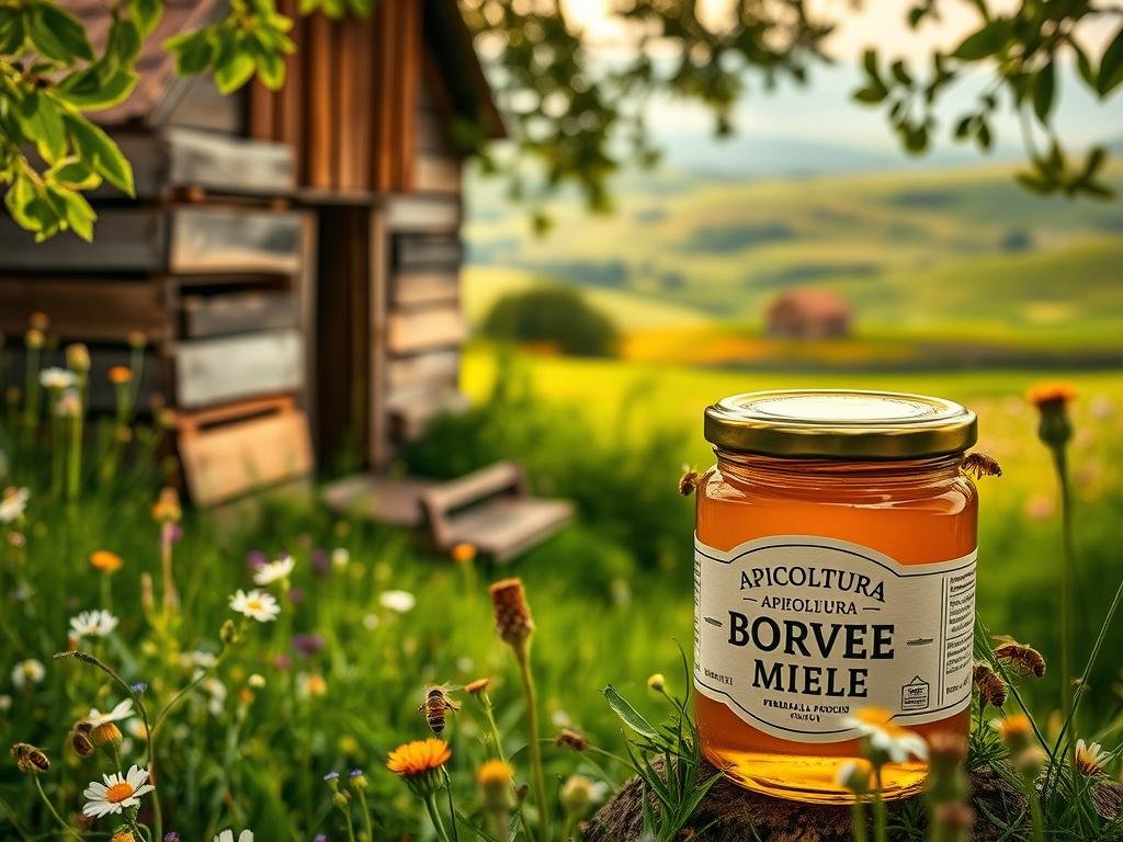 A traditional Italian apiary nestled in lush green meadows, surrounded by wildflowers and buzzing bees. In the foreground, a glass jar filled with golden APICOLTURA BORVEI MIELE, its label reflecting the artisanal craftsmanship. The mid-ground showcases an idyllic rural landscape, with rolling hills and a distant farmhouse. Warm, diffused lighting bathes the scene, creating a serene, inviting atmosphere. The image conveys the authentic provenance and quality of this locally-sourced, premium honey, highlighting its connection to the natural Italian environment.