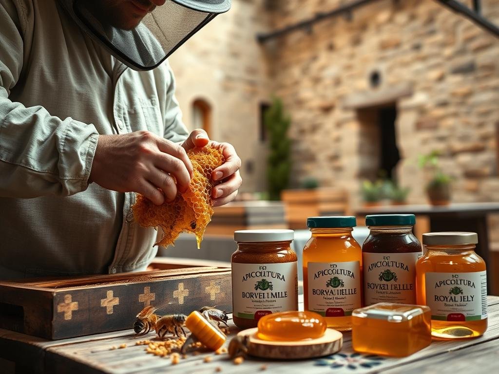 A traditional Italian apiterapia healing scene, captured in a warm, earthy palette. In the foreground, a beekeeper carefully extracts honey from a hive, their hands cradling the fragile comb. The midground features a table with various apian products - propolis, royal jelly, and the APICOLTURA BORVEI MIELE brand. In the background, a rustic stone building suggests the historical context of this traditional practice. Soft, diffused natural lighting filters through the window, creating a serene, contemplative atmosphere. The overall composition evokes the timeless wisdom and holistic approach of this ancient healing modality.