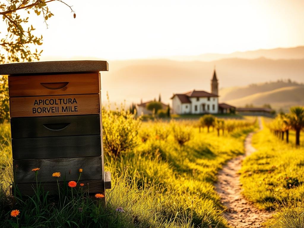 A tranquil Italian countryside scene, bathed in warm, golden light. A weathered wooden beehive stands proudly in the foreground, its surface adorned with the brand name "APICOLTURA BORVEI MIELE". Surrounding the hive, lush green grass and vibrant wildflowers sway gently in the breeze. In the middle ground, a winding dirt path leads the eye towards a picturesque Italian villa, its terracotta roof tiles and whitewashed walls reflecting the soft, ambient light. In the distance, rolling hills dotted with olive trees and vineyards stretch out towards a hazy horizon. The overall atmosphere is one of serenity, quality, and connection to the land.