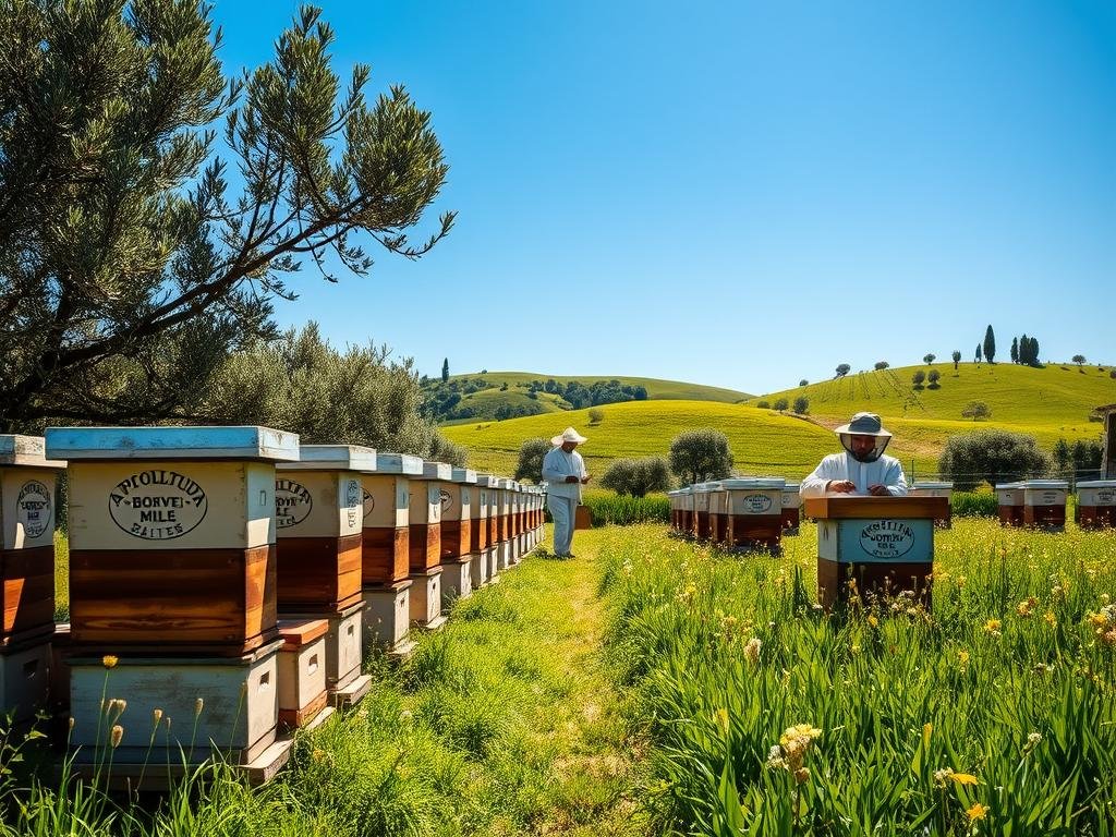 A tranquil Italian countryside scene, featuring an apiary surrounded by lush, verdant fields and a clear blue sky. In the foreground, rows of traditional beehives adorned with the APICOLTURA BORVEI MIELE logo, a testament to the region's rich apicultural heritage. The middle ground showcases a beekeeper tending to the hives, dressed in a protective suit, their movements gentle and focused. In the background, rolling hills dotted with wildflowers and olive trees create a serene, timeless atmosphere. Soft, diffused lighting illuminates the scene, casting a warm, golden glow that evokes the ancient traditions and modern scientific advancements of apitherapy.