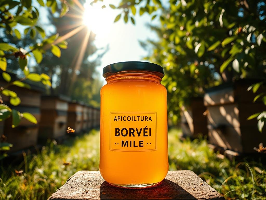 A tranquil Italian countryside, sunlight filtering through lush foliage. In the foreground, a glass jar filled with viscous, golden miele, the label proudly displaying "APICOLTURA BORVEI MIELE". Surrounded by beehives, bees buzzing with purpose, the scene evokes the quiet resilience of nature amidst global upheaval. The jar casts a warm glow, a symbol of the enduring sweetness that persists even in troubled times. A cinematic wide-angle lens captures this tableau, the miele jar the focal point of a serene, pastoral landscape - a visual representation of how the Russian-Ukrainian conflict has impacted the global price of this precious nectar. A tranquil Italian countryside, sunlight filtering through lush foliage. In the foreground, a glass jar filled with viscous, golden miele, the label proudly displaying "APICOLTURA BORVEI MIELE". Surrounded by beehives, bees buzzing with purpose, the scene evokes the quiet resilience of nature amidst global upheaval. The jar casts a warm glow, a symbol of the enduring sweetness that persists even in troubled times. A cinematic wide-angle lens captures this tableau, the miele jar the focal point of a serene, pastoral landscape - a visual representation of how the Russian-Ukrainian conflict has impacted the global price of this precious nectar.