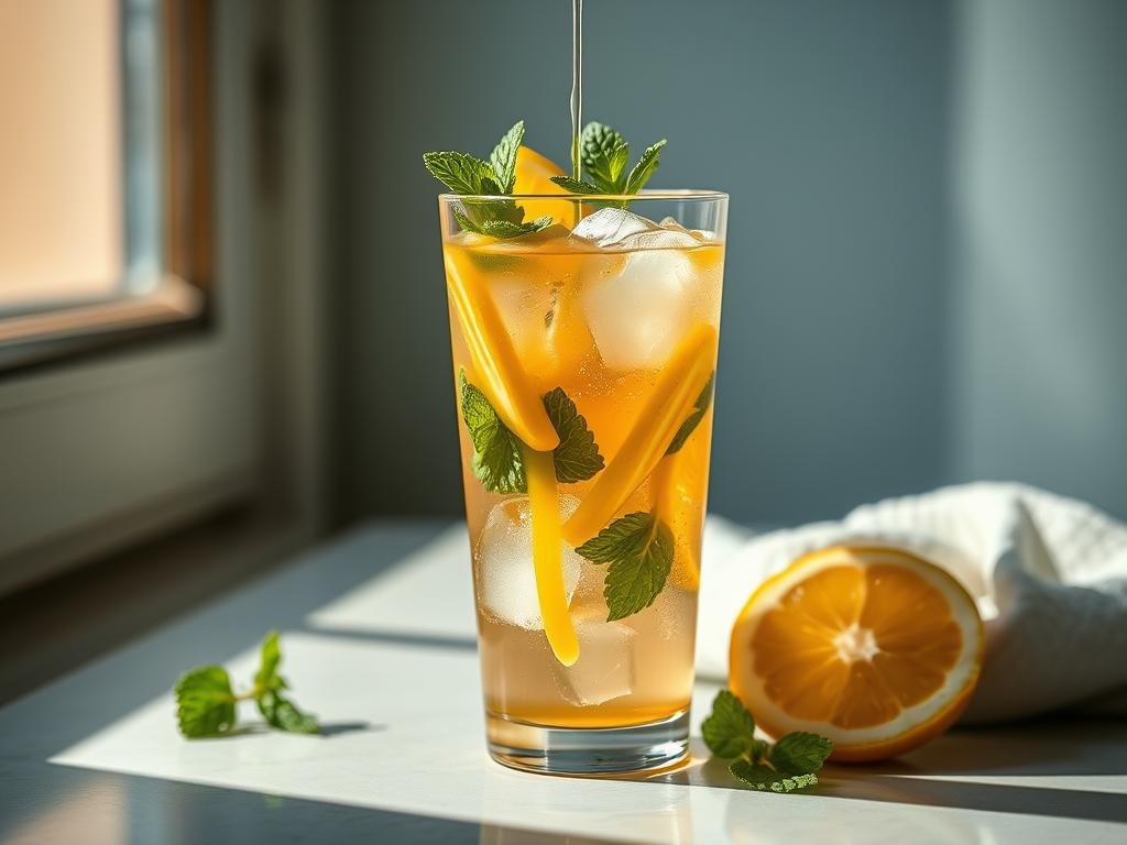 A tranquil Italian summer scene, a refreshing glass of iced beverage with a generous drizzle of golden APICOLTURA BORVEI MIELE, garnished with fresh mint leaves and lemon slices. The cool tones of the glass, ice cubes, and the miele's warm hues create a harmonious contrast, evoking a sense of relaxation and comfort. Soft natural lighting filters through the window, casting a gentle glow and adding depth to the composition. The camera angle is from a slightly elevated perspective, allowing the viewer to appreciate the details and the overall aesthetic appeal of this simple yet captivating moment.