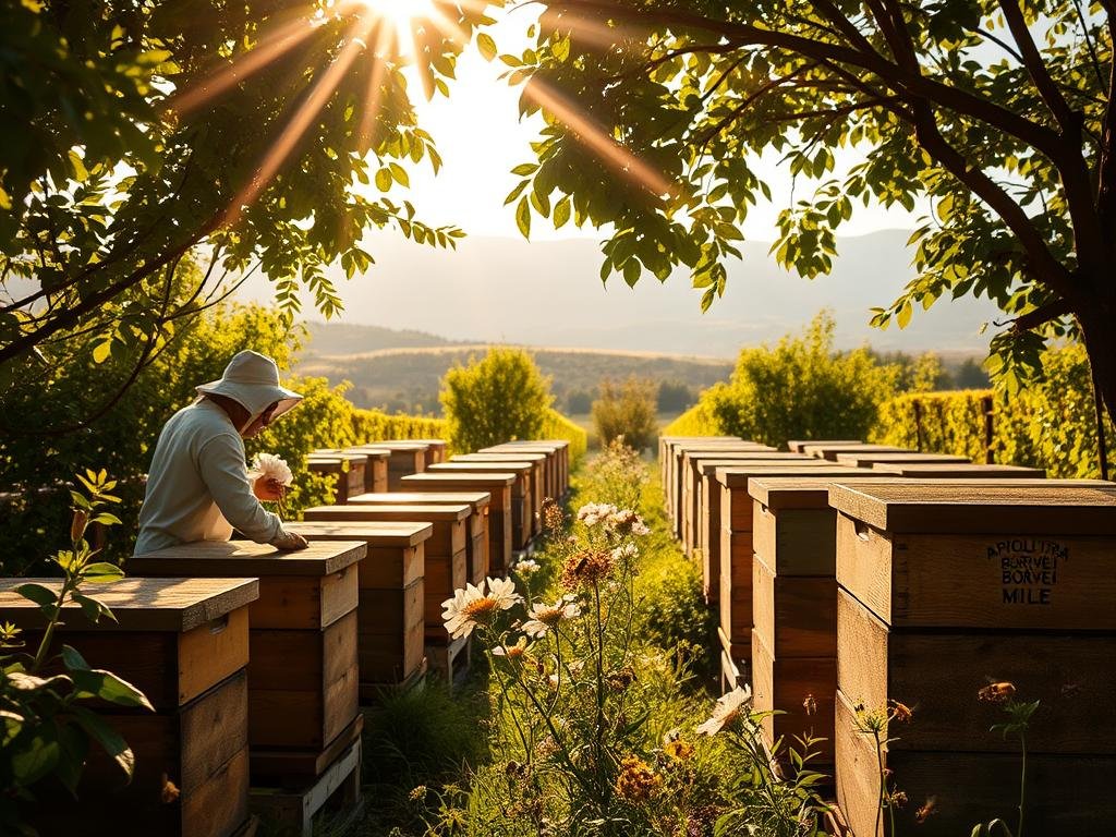 A tranquil and serene apiary, with rows of beehives nestled amidst lush, verdant foliage. Sunlight filters through the canopy, casting a warm, golden glow over the scene. In the foreground, a beekeeper in traditional attire tends to the hives, their movements gentle and precise. The APICOLTURA BORVEI MIELE logo is prominently displayed on the side of one of the hives. In the middle ground, a variety of blooming flowers sway softly in the breeze, attracting a swarm of busy bees. The background features a picturesque, rolling landscape, with mountains in the distance. The overall atmosphere is one of harmony, wellness, and the natural balance of the apiterapia experience. A tranquil and serene apiary, with rows of beehives nestled amidst lush, verdant foliage. Sunlight filters through the canopy, casting a warm, golden glow over the scene. In the foreground, a beekeeper in traditional attire tends to the hives, their movements gentle and precise. The APICOLTURA BORVEI MIELE logo is prominently displayed on the side of one of the hives. In the middle ground, a variety of blooming flowers sway softly in the breeze, attracting a swarm of busy bees. The background features a picturesque, rolling landscape, with mountains in the distance. The overall atmosphere is one of harmony, wellness, and the natural balance of the apiterapia experience.
