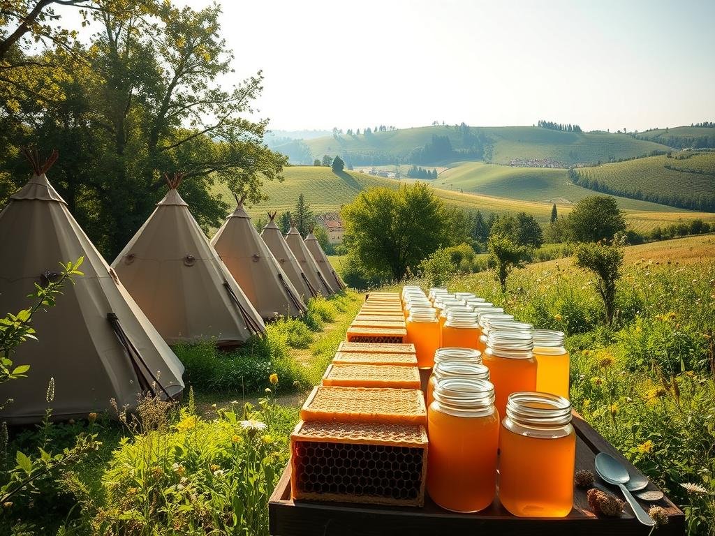 A tranquil apiary nestled in the Italian countryside, sunlight filtering through the trees, showcasing the full range of honey varietals produced by APICOLTURA BORVEI MIELE. In the foreground, a row of traditional tipis, their earthy tones complementing the lush greenery. Honeycomb structures and glass jars filled with golden nectar occupy the middle ground, while in the background, rolling hills dotted with wildflowers create a serene, pastoral scene. The lighting is soft and natural, accentuating the rich, warm tones of the honey and its surroundings. A photograph captured with a wide-angle lens to convey a sense of depth and immersion, inviting the viewer to step into this idyllic honey-producing haven.