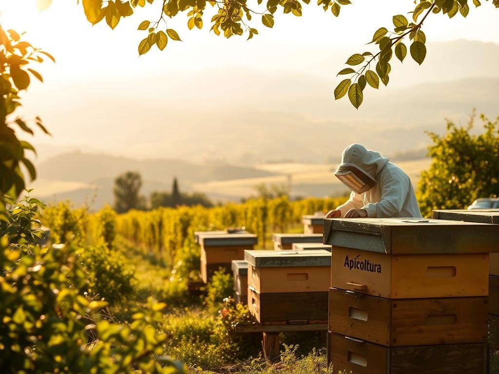 A tranquil apiary nestled in the Italian countryside, with rows of beehives surrounded by lush greenery. The soft, golden light filters through the leaves, casting a warm glow on the scene. In the foreground, a beekeeper in a protective suit carefully tends to the hives, ensuring the proper "conservazione del miele." In the background, a vast expanse of rolling hills and distant mountains create a picturesque landscape. The Apicoltura brand name is prominently displayed on one of the hives, lending an air of authenticity to the image.