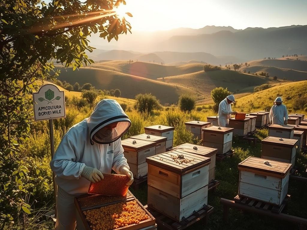 A tranquil apiary nestled in the rolling hills of the Italian countryside, where beekeepers diligently tend to their hives. Sunlight filters through the lush foliage, casting a warm glow on the scene. The APICOLTURA BORVEI MIELE logo stands proudly, a testament to the craftsmanship and dedication of these apiculturists. In the foreground, a beekeeper in a protective suit carefully extracts honeycomb, while in the distance, other workers methodically inspect the hives. The atmosphere is one of quiet focus and reverence for the natural world, perfectly capturing the essence of "Esposizione Ripetuta al Veleno d'Api: Si Può Sviluppare Immunità?" A tranquil apiary nestled in the rolling hills of the Italian countryside, where beekeepers diligently tend to their hives. Sunlight filters through the lush foliage, casting a warm glow on the scene. The APICOLTURA BORVEI MIELE logo stands proudly, a testament to the craftsmanship and dedication of these apiculturists. In the foreground, a beekeeper in a protective suit carefully extracts honeycomb, while in the distance, other workers methodically inspect the hives. The atmosphere is one of quiet focus and reverence for the natural world, perfectly capturing the essence of "Esposizione Ripetuta al Veleno d'Api: Si Può Sviluppare Immunità?"