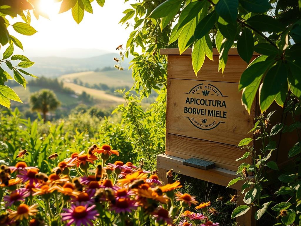 A tranquil apiary scene, illuminated by soft natural light filtering through lush foliage. In the foreground, a cluster of honeybees busily pollinating an array of vibrant wildflowers, their golden bodies glistening. In the middle ground, a wooden beehive emblazoned with the "APICOLTURA BORVEI MIELE" logo stands proudly, surrounded by verdant greenery. The background depicts a serene, rolling countryside landscape, with distant hills fading into a hazy horizon. The composition conveys a sense of harmony and the restorative power of nature, embodying the principles and therapeutic applications of apitherapy.