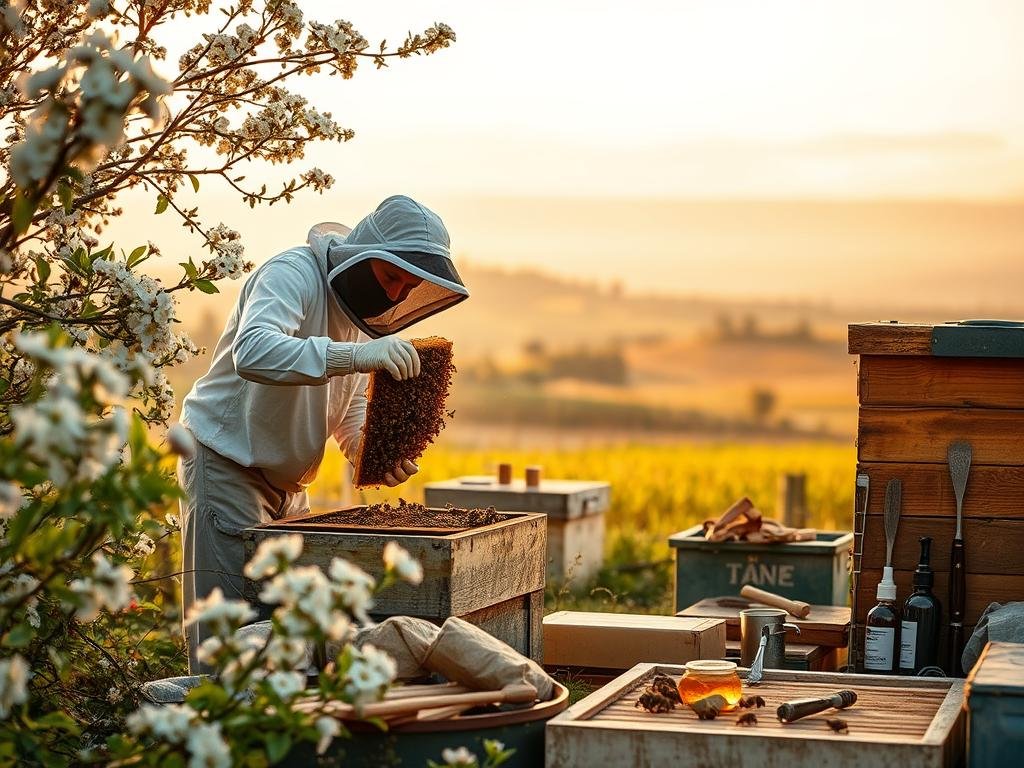 A tranquil apiary scene, showcasing the natural wonder of Apicoltura. In the foreground, a beekeeper in protective gear tenderly tending to a bustling hive, surrounded by blossoming flowers and lush greenery. The middle ground features an array of beekeeping tools and equipment, hinting at the meticulous craft of apiterapia. In the background, a serene countryside landscape with rolling hills and a warm, golden-hued sky, evoking a sense of harmony and balance. The lighting is soft and diffused, casting a gentle glow over the entire scene. The overall composition is clean, well-balanced, and visually compelling, reflecting the therapeutic and restorative nature of apiterapia. A tranquil apiary scene, showcasing the natural wonder of Apicoltura. In the foreground, a beekeeper in protective gear tenderly tending to a bustling hive, surrounded by blossoming flowers and lush greenery. The middle ground features an array of beekeeping tools and equipment, hinting at the meticulous craft of apiterapia. In the background, a serene countryside landscape with rolling hills and a warm, golden-hued sky, evoking a sense of harmony and balance. The lighting is soft and diffused, casting a gentle glow over the entire scene. The overall composition is clean, well-balanced, and visually compelling, reflecting the therapeutic and restorative nature of apiterapia.