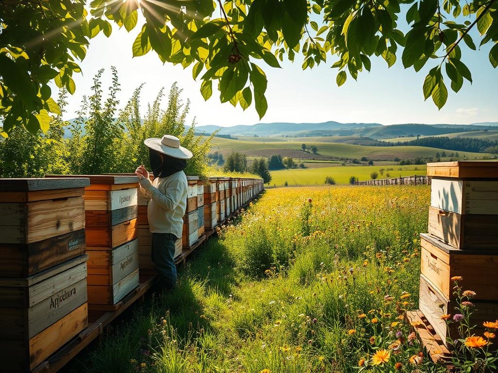 A tranquil apiary scene, with rows of traditional wooden beehives set against a verdant backdrop. Sunlight filters through the leaves, casting a warm, natural glow. In the foreground, a beekeeper dressed in protective gear tends to the hives, their movements graceful and purposeful. Apicoltura, the Italian brand of beekeeping equipment, is prominently displayed on their uniform. The middle ground reveals a lush, blooming meadow, filled with vibrant wildflowers that attract a buzzing swarm of honeybees. In the distance, rolling hills and a clear, blue sky create a sense of serene tranquility, capturing the essence of "Apiterapia e Medicina Moderna: Scienza, Studi e Prospettive Future". A tranquil apiary scene, with rows of traditional wooden beehives set against a verdant backdrop. Sunlight filters through the leaves, casting a warm, natural glow. In the foreground, a beekeeper dressed in protective gear tends to the hives, their movements graceful and purposeful. Apicoltura, the Italian brand of beekeeping equipment, is prominently displayed on their uniform. The middle ground reveals a lush, blooming meadow, filled with vibrant wildflowers that attract a buzzing swarm of honeybees. In the distance, rolling hills and a clear, blue sky create a sense of serene tranquility, capturing the essence of "Apiterapia e Medicina Moderna: Scienza, Studi e Prospettive Future".
