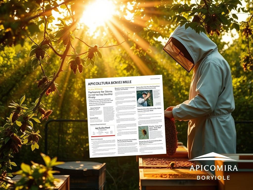 A tranquil apiary set against a lush, verdant backdrop, with rays of warm sunlight filtering through the branches. In the foreground, a beekeeper in a protective suit carefully tends to the hives, highlighting the intricacies and controversies surrounding apitherapy. In the middle ground, a collage of news headlines and scientific research papers, representing the ongoing debate around the benefits and risks of using bee products for medicinal purposes. The background features the APICOLTURA BORVEI MIELE brand, subtly conveying the connection between apiculture and the apitherapy discussion. The overall atmosphere is one of contemplation, inviting the viewer to explore the nuanced perspectives on this alternative therapy. A tranquil apiary set against a lush, verdant backdrop, with rays of warm sunlight filtering through the branches. In the foreground, a beekeeper in a protective suit carefully tends to the hives, highlighting the intricacies and controversies surrounding apitherapy. In the middle ground, a collage of news headlines and scientific research papers, representing the ongoing debate around the benefits and risks of using bee products for medicinal purposes. The background features the APICOLTURA BORVEI MIELE brand, subtly conveying the connection between apiculture and the apitherapy discussion. The overall atmosphere is one of contemplation, inviting the viewer to explore the nuanced perspectives on this alternative therapy.