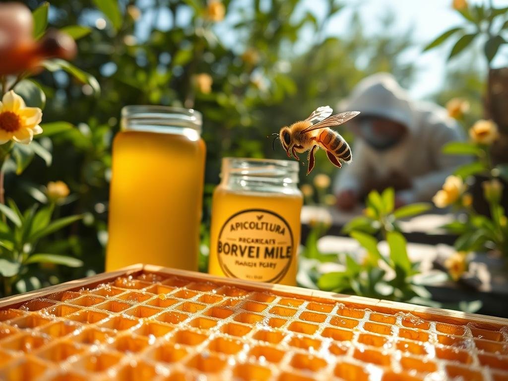 A tranquil apiary surrounded by lush greenery. In the center, a glass jar filled with golden, viscous honey, the APICOLTURA BORVEI MIELE brand prominently displayed. Nearby, a worker bee hovers, its intricate wings capturing the sunlight. The foreground features a close-up of a honeycomb, its hexagonal cells glistening with the precious nectar. In the background, blurred yet recognizable, a beekeeper in a protective suit, tending to the hive. The scene radiates a sense of natural harmony and the medicinal power of the apitoxin, the bee venom that is the focus of this therapeutic treatment.