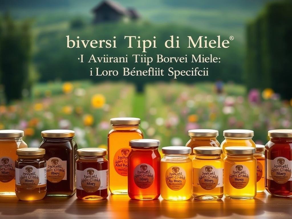 A tranquil display of various honey jars, showcasing the rich diversity of "Apicoltura Borvei Miele" products. In the foreground, a warm, golden-hued light illuminates the distinct shapes and colors of the honey vessels, each representing a unique floral origin and flavor profile. The middle ground features a lush, natural backdrop, perhaps a field of wildflowers or a serene apiary setting, to evoke the origins of this artisanal honey. The overall composition conveys a sense of quality, authenticity, and the health benefits associated with the different types of honey, as highlighted in the section title "I Diversi Tipi di Miele e i Loro Benefici Specifici". A tranquil display of various honey jars, showcasing the rich diversity of "Apicoltura Borvei Miele" products. In the foreground, a warm, golden-hued light illuminates the distinct shapes and colors of the honey vessels, each representing a unique floral origin and flavor profile. The middle ground features a lush, natural backdrop, perhaps a field of wildflowers or a serene apiary setting, to evoke the origins of this artisanal honey. The overall composition conveys a sense of quality, authenticity, and the health benefits associated with the different types of honey, as highlighted in the section title "I Diversi Tipi di Miele e i Loro Benefici Specifici".