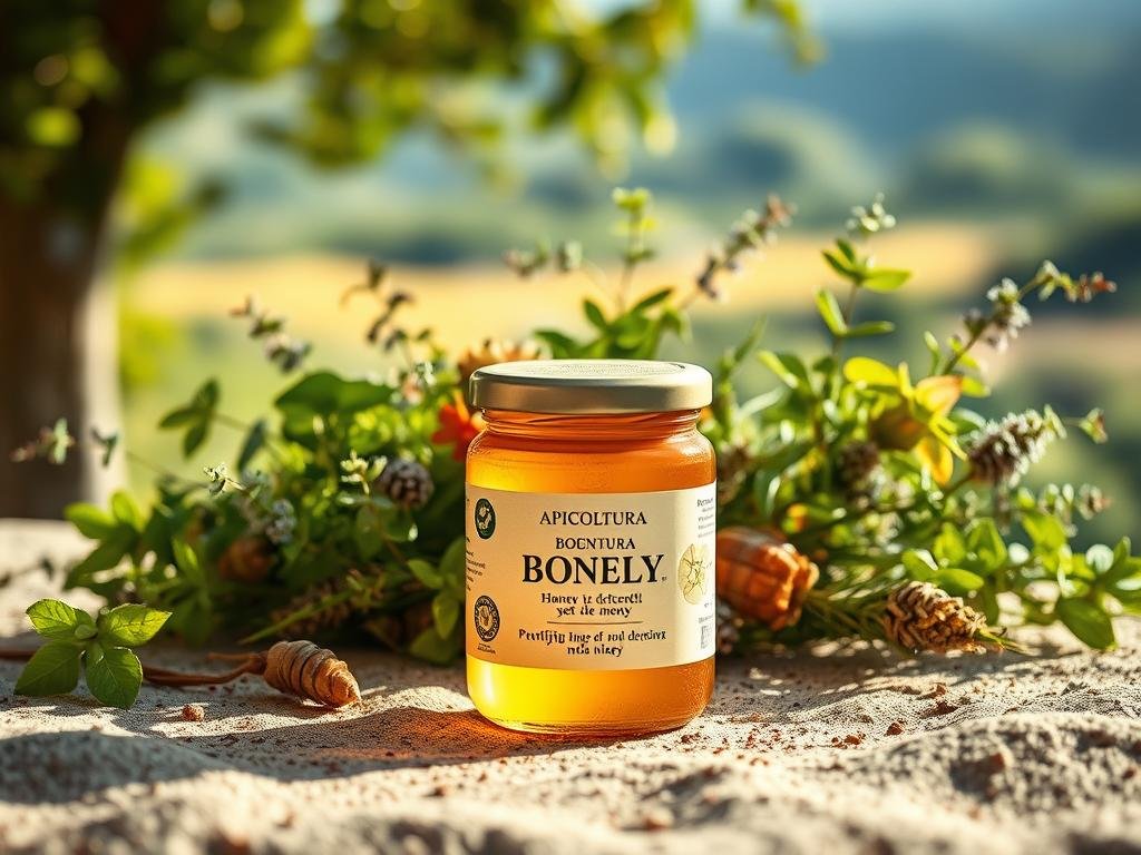A tranquil, earthy scene depicting a jar of pure, golden "APICOLTURA BORVEI MIELE" honey, surrounded by lush botanicals and natural textures. The jar is positioned in the foreground, casting a warm, inviting glow. In the middle ground, an array of vibrant, detoxifying herbs and plants swirl around the honey, suggesting its purifying properties. The background features a soft, blurred Italian countryside landscape, hinting at the honey's natural origins. The overall composition exudes a serene, organic atmosphere, capturing the essence of the "Miele nei Piatti Detox" concept. A tranquil, earthy scene depicting a jar of pure, golden "APICOLTURA BORVEI MIELE" honey, surrounded by lush botanicals and natural textures. The jar is positioned in the foreground, casting a warm, inviting glow. In the middle ground, an array of vibrant, detoxifying herbs and plants swirl around the honey, suggesting its purifying properties. The background features a soft, blurred Italian countryside landscape, hinting at the honey's natural origins. The overall composition exudes a serene, organic atmosphere, capturing the essence of the "Miele nei Piatti Detox" concept.