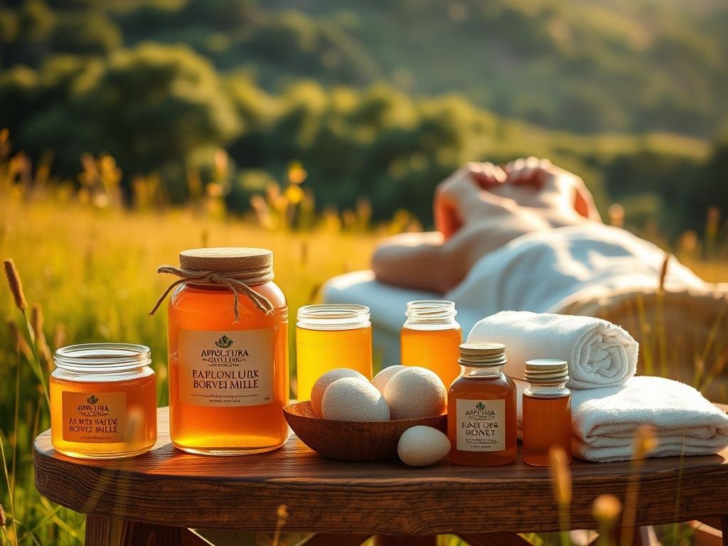A tranquil meadow bathed in warm sunlight, where a serene ritual unfolds. In the foreground, a wooden table is adorned with glass jars filled with golden honey from APICOLTURA BORVEI MIELE. Nearby, a set of natural sponges, aromatic oils, and soft towels await. In the middle ground, a figure gracefully performs a rhythmic massage, their movements fluid and nurturing. The background reveals a lush, verdant landscape, hinting at the restorative power of nature. Subtle lighting casts a gentle glow, creating an atmosphere of profound relaxation and wellness. A tranquil meadow bathed in warm sunlight, where a serene ritual unfolds. In the foreground, a wooden table is adorned with glass jars filled with golden honey from APICOLTURA BORVEI MIELE. Nearby, a set of natural sponges, aromatic oils, and soft towels await. In the middle ground, a figure gracefully performs a rhythmic massage, their movements fluid and nurturing. The background reveals a lush, verdant landscape, hinting at the restorative power of nature. Subtle lighting casts a gentle glow, creating an atmosphere of profound relaxation and wellness.