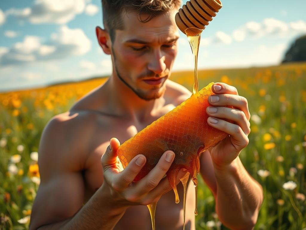 A tranquil meadow bathed in warm sunlight, with golden strands of honey dripping from the comb into the hands of a muscular athlete. In the background, a field of vibrant wildflowers and a cloudless blue sky. The athlete's face is a picture of vitality and focus, as they savor the natural sweetness of the APICOLTURA BORVEI MIELE. Crisp, high-resolution details capture the athlete's athletic physique, the intricate texture of the honeycomb, and the lush, verdant landscape. Soft, diffused lighting and a shallow depth of field create a sense of intimacy and immersion, highlighting the athlete's deep connection with this natural source of energy. A tranquil meadow bathed in warm sunlight, with golden strands of honey dripping from the comb into the hands of a muscular athlete. In the background, a field of vibrant wildflowers and a cloudless blue sky. The athlete's face is a picture of vitality and focus, as they savor the natural sweetness of the APICOLTURA BORVEI MIELE. Crisp, high-resolution details capture the athlete's athletic physique, the intricate texture of the honeycomb, and the lush, verdant landscape. Soft, diffused lighting and a shallow depth of field create a sense of intimacy and immersion, highlighting the athlete's deep connection with this natural source of energy.