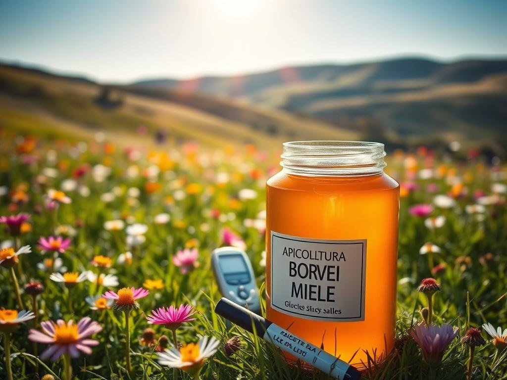 A tranquil meadow filled with vibrant wildflowers, the sun's warm rays casting a gentle glow. In the foreground, a glass jar of rich, golden "APICOLTURA BORVEI MIELE" sits, its label prominently displayed. The jar's contents appear viscous and tempting, hinting at the complex relationship between honey and diabetes. In the middle ground, a diabetic's glucose meter and testing strips are placed, suggesting the delicate balance required. The background features rolling hills and a serene blue sky, conveying a sense of harmony and the need for moderation. The overall scene invites contemplation on the nuances of incorporating honey into a diabetic's diet.