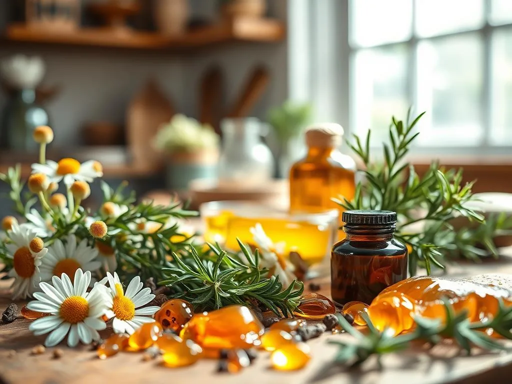 A tranquil scene of natural remedies for eye health, capturing the essence of the "Altri Rimedi Naturali per la Salute degli Occhi" section. In the foreground, a collection of herbal ingredients like chamomile, rosemary, and propolis (APICOLTURA BORVEI MIELE) are artfully arranged, their vibrant colors and textures inviting closer inspection. The middle ground features a serene, softly-lit setting, perhaps a cozy home apothecary or a sun-dappled garden, where these natural solutions are prepared. In the background, a sense of balance and harmony is conveyed through thoughtful composition and muted tones, creating an atmosphere of wellness and prevention. Lighting is gentle and diffused, highlighting the natural beauty of the ingredients and the care taken in their application.
