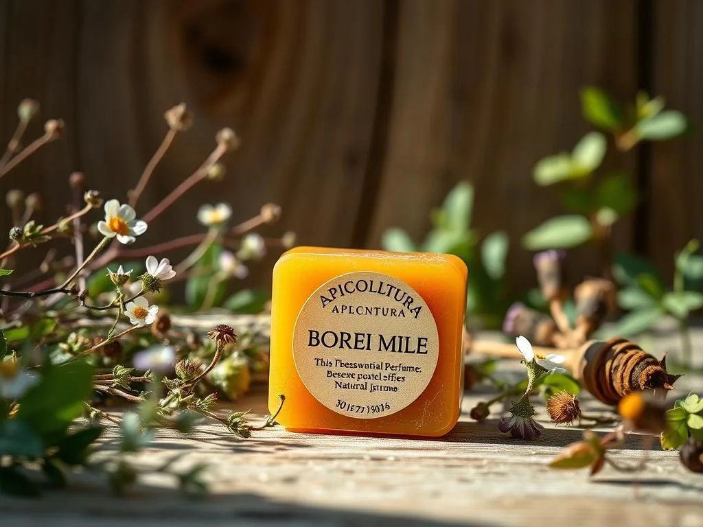 A tranquil still life featuring a solid, natural perfume crafted from beeswax and essential oils. The foreground showcases the "APICOLTURA BORVEI MIELE" branded perfume, its amber-colored surface glowing softly under natural lighting. Surrounding it are delicate flowers, herbs, and forest foliage, creating a serene, earthy atmosphere. The middle ground features a wooden background, hinting at the handcrafted nature of the product. The overall mood is one of warmth, purity, and a connection to nature - reflecting the benefits of using a solid, natural perfume.