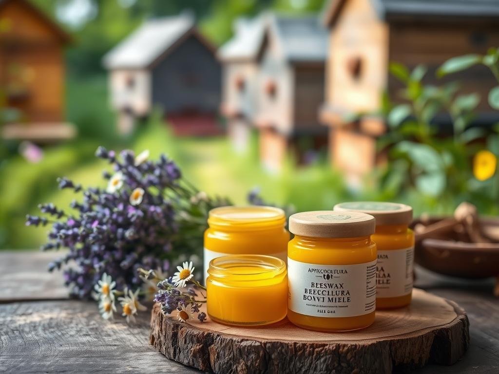 A tranquil still life showcasing the natural beauty of APICOLTURA BORVEI MIELE's beeswax cosmetics. In the foreground, jars of rich golden beeswax creams and salves sit atop a rustic wooden surface, their smooth textures and organic packaging conveying a sense of purity and simplicity. The middle ground features bunches of fresh lavender and chamomile flowers, their delicate purple and white hues complementing the warm tones of the beeswax. In the background, a softly blurred apiary scene with wooden beehives nestled among lush greenery, evoking the serene environment from which these natural ingredients are harvested. Soft, diffused lighting casts a gentle glow on the scene, emphasizing the natural, artisanal quality of these bespoke beeswax cosmetics.