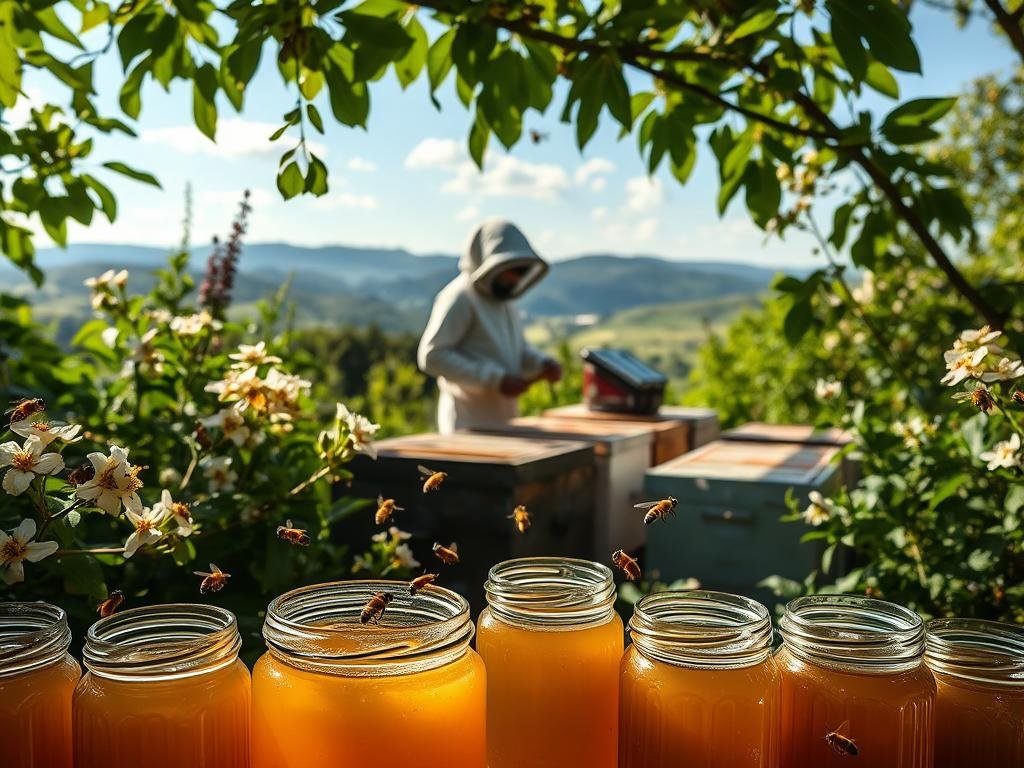 A tranquil, sun-dappled apiary surrounded by verdant foliage. In the foreground, an array of glass jars filled with the rich, golden honey of APICOLTURA BORVEI MIELE. Honeybees flit amongst the blooming flowers, their gentle buzzing filling the air. In the middle ground, a beekeeper in traditional protective gear tends to the hives, their movements graceful and assured. The background features rolling hills and a cloudless blue sky, radiating a sense of peace and harmony. The lighting is soft and diffused, creating a serene, contemplative atmosphere that evokes the timeless traditions of Italian beekeeping.